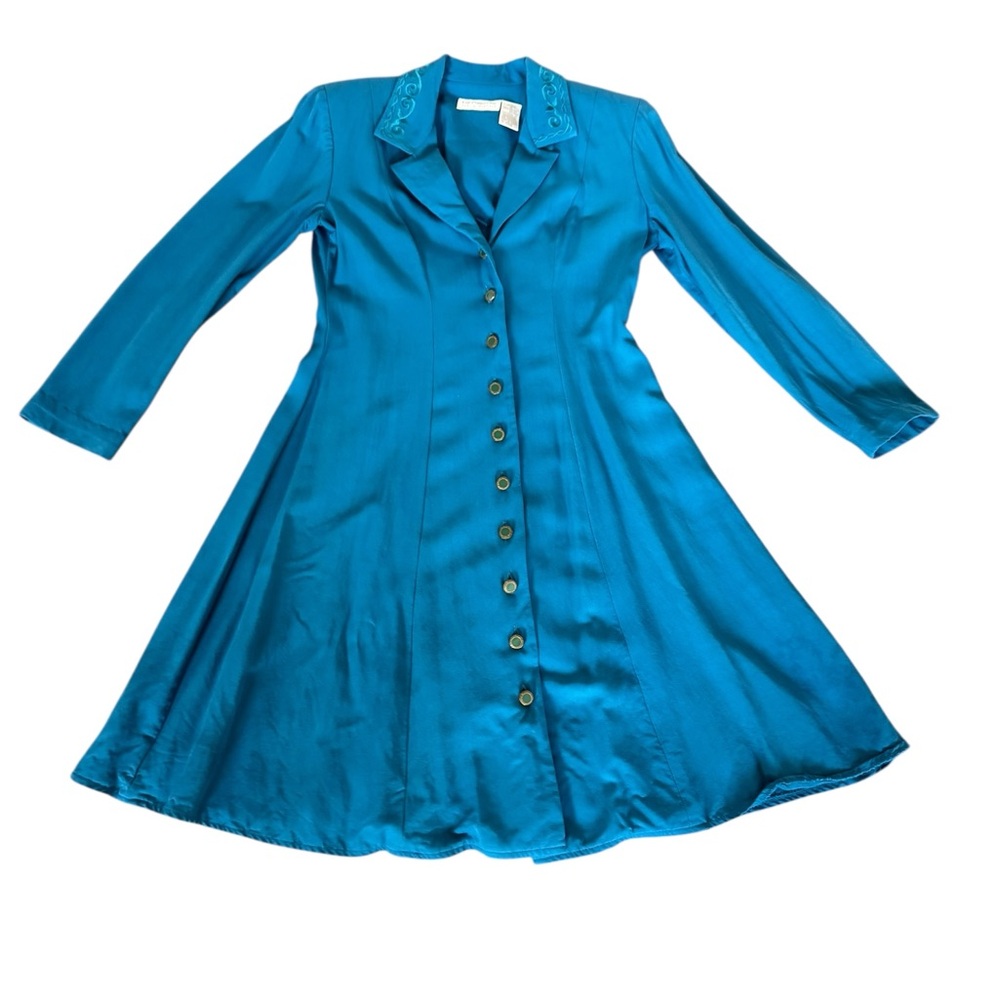 Liz Claiborne Women’s Dress Vintage 80s Rayon Teal Button Up Long-sleeve Size 6P